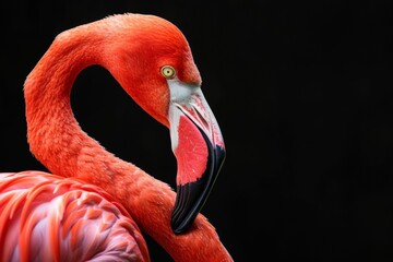 close-up flamingo con plumas rosas preciosas en fondo negro, flamingo aislado, ave con pico enorme, icono kitsch