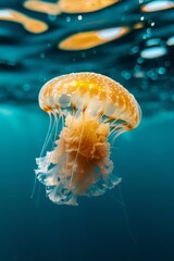 pequeña medusa naranja nadando aislada en el océano 