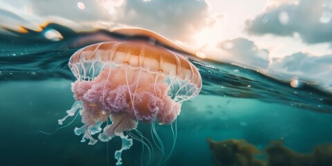 Medusa grande nadando cerca de la superficie del mar, espectacular imagen animal marino en el océano 