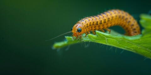 Retrato macro de una oruga verde sobre una hoja con fondo desenfocado, gusano con antenas, insecto amarillo comiendo  - obrazy, fototapety, plakaty