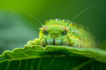 Retrato macro de una oruga verde sobre una hoja con fondo desenfocado, cara de gusano con antenas, insecto - obrazy, fototapety, plakaty