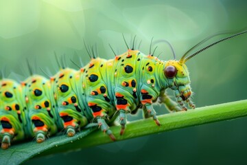 Retrato macro de una oruga verde sobre una hoja con fondo desenfocado, gusano con antenas, insecto venenoso  - obrazy, fototapety, plakaty
