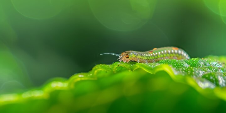 Retrato macro de una oruga verde sobre una hoja con fondo desenfocado, gusano con antenas, insecto amarillo comiendo 