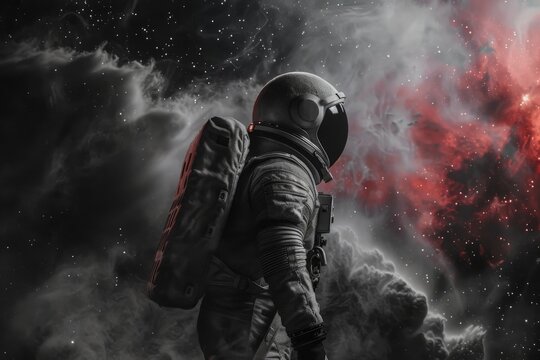 A man in a space suit is standing in front of a red cloud
