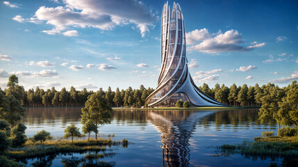 Futuristic Skyscraper Rising Majestically by a Lake amidst Lush Foliage on a Sunny Day - obrazy, fototapety, plakaty