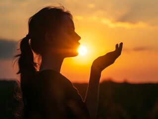 A woman in silhouette interacts with the setting sun in a peaceful meadow scene.