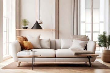 Living Room Interior with Brown Leather Sofa and White Leaf Wall Art

