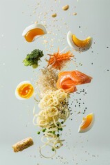 ingredientes ramen tradicional japones fondo blanco, huevos salmón tallarines brocoli y verduras frescas, sopa de miso con fideos 