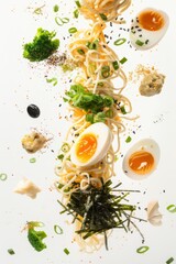 ingredientes ramen tradicional japones fondo blanco, ramen vegetariano con verduras, sopa de miso con fideos 