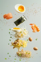 ingredientes ramen tradicional japones fondo blanco, huevos salmón tallarines alga nori langostino y verduras frescas, sopa de miso con fideos 