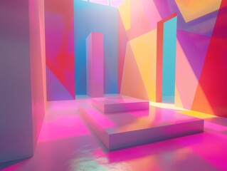 Colorful abstract art gallery with geometric shapes and neon lighting, creating a futuristic aesthetic.