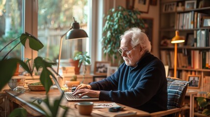 An senior man sits at a wooden desk in his home office and works with laptop computer