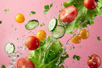 ingredientes aislados ensalada, lechuga tomate espinacas pepino y brotes verdes sobre fondo amarillo, verdura en el aire con agua, productos frescos saludables