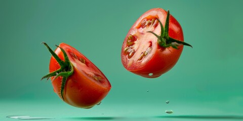 tomate cortado a la mitad aislado en fondo verde, tomate maduro fresco en el aire flotando - obrazy, fototapety, plakaty