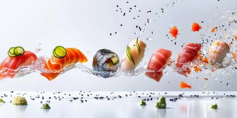 Comida japonesa fresca, variedad de sushi nigiri y maki, promoción restaurante de comida japonesa, semillas de sésamo sobre atún y salmón
