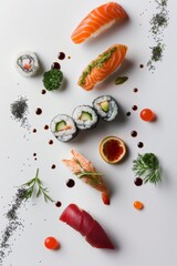 presentación cenital de sushi, comida asiática aislada, sushi fondo blanco, restaurante de lujo comida japonesa 