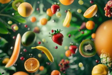 fresa aislada fondo blur frutas tropicales en fondo verde, frutas frescas, kiwi platano, mango naranja jugo antioxidante, dieta de zumos detox  - obrazy, fototapety, plakaty