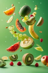 fruta fresca mediterránea fondo verde, ingredientes zumo de papaya uva y plátano, fruta orgánica aislada 