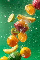 fruta fresca mediterránea fondo verde, ingredientes zumo de mango y naranja, fruta orgánica aislada 