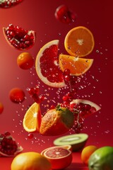 Close-up fruta blur fondo rojo, fruta fresca con gotas de agua, pomelo granada naranja jugo detox antioxidante 