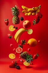Fruta tropical fresca en fondo rojo, ingredientes zumo de frutas, piña plátano fresas naranja limón jugo detox, fruta antioxidante 