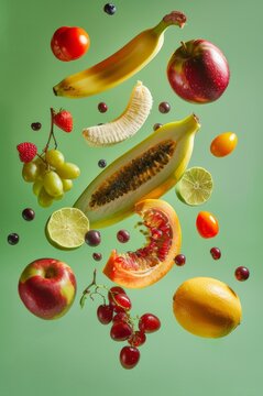 deliciosa fruta tropical natural, papaya granada y platano para macedonia de fruta, bowl de frutos rojos, fruta aislada con fondo verde
