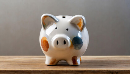 A ceramic piggy bank on a wooden surface, with a grey background.