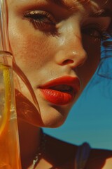 Close-up mujer joven al atardecer en verano, día de playa con alcohol, cara de mujer con labios rojos y una bebida refrescante