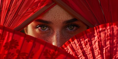Close-up intensa mirada de ojos verdes entre abanicos rojos, mirada mujer española con pecas, juego de seducción, romanticismo en verano, ojos aesthetic mirando intensamente 