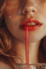 Close-up labios de mujer mordiendo una plastic straw roja, labios rojos de mujer en verano, póster de fiesta de verano 