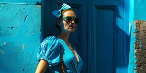 Mujer con vestido y lazo azul estilo coquette, posando en las calles de Mykonos, casa azul y chica con ropa azul 