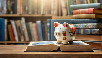 A hand painted ceramic piggy bank with floral designs stands on an open, aged book, surrounded by a collection of colorful books on a wooden shelf. - obrazy, fototapety, plakaty