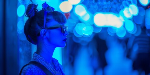 Mujer estilo coquette con luces azules, mujer joven frente a un escaparate con gafas de sol, fotografía callejera chica con lazo