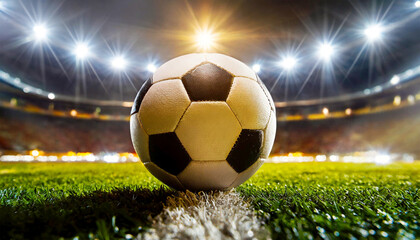 Closeup and bottom view of a leather soccer ball in a soccer field stadium illuminated for a night match. Generative Ai. - obrazy, fototapety, plakaty