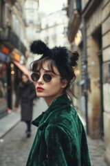 Fotografia callejera mujer joven paseando por las calles de París con lazo negro en la cabeza estilo coquette, mujer elegante con ropa vintage 