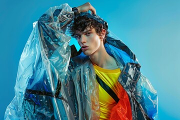 Modelo aislado fondo azul con ropa estilo gorpcore hecha con plástico reciclado, moda upcycling sostenible, chaqueta transparente