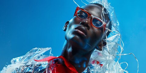 Modelo con gafas rodeado de plástico, performance cambio climático, moda sostenible 