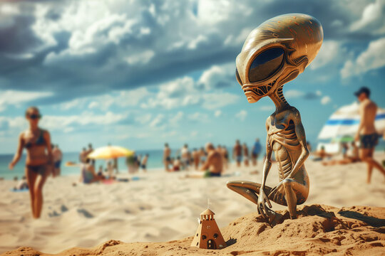 An alien on the beach plays with the sand, generative ai