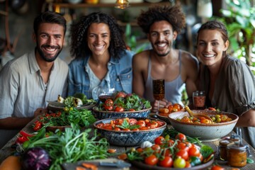 Happy group of four friends enjoying a communal meal with various fresh dishes