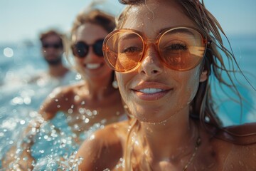 Close-up on a smiling woman in the sea, wearing large retro sunglasses