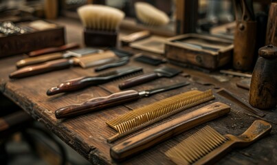 Tools and equipment used in a barbershop, such as combs, brushes, and straight razors - obrazy, fototapety, plakaty