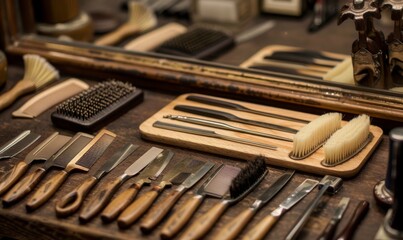 Tools and equipment used in a barbershop, such as combs, brushes, and straight razors - obrazy, fototapety, plakaty