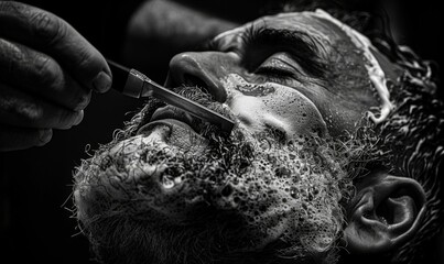 Barber skilled hands as he uses a straight razor to shape the contours of a man's beard