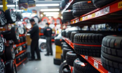 Rows of neatly stacked tires of various sizes and brands on display - obrazy, fototapety, plakaty