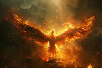 A fiery bird with its wings spread out in the sky