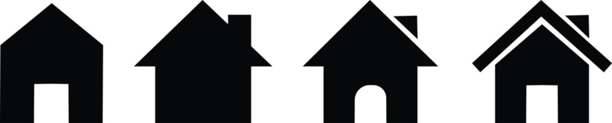 Home icons set. House symbol real estate objects and houses black flat vector collection isolated on transparent background. Investment, Residential Building, City, Apartment, web and app.