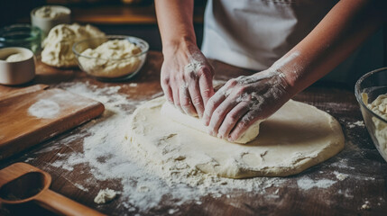 Woman's hands kneading dough in country house.