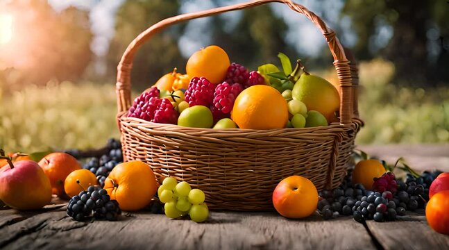 slow motion cinematic close up scene of fresh fruits in a basket with a blurred background and sunlight