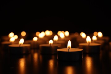 Burning candles on dark surface against black background, closeup
