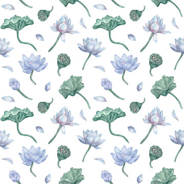 Watercolor seamless pattern of blue water lilies, leaves and lotus seed box. Oriental floral background, hand-drawn. Botanical pattern for Wrapping paper, Fabric, Textile, SPA design, Yoga center